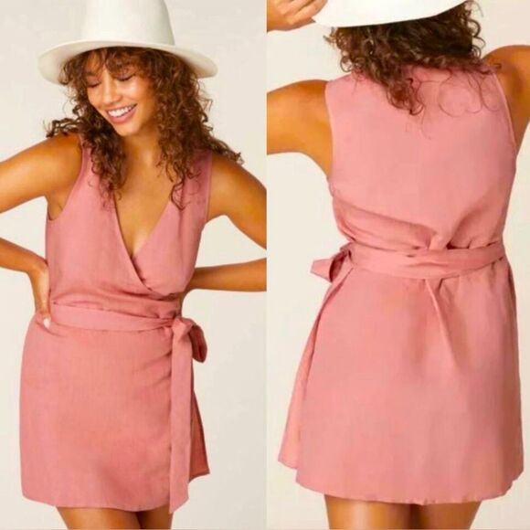 Andie Cacela Sunset Pink Linen Rayon Wrap Sleeveless Mini Dress Sz L NWT - Picture 1 of 12